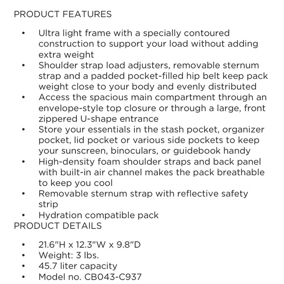 Columbia 45L Black Lightweight Wildwood Frame Hiking Backpack New - Picture 14 of 14